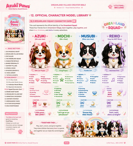 DreamLand Squad Official Character Card - Azuki, Mochi, Musubi, and Reiko from the AllPaws DreamLand Village Creator Bible v1.3