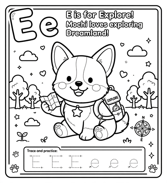 E is for Explore! 🧭🌈✨ — Kawaii Alphabet Printable