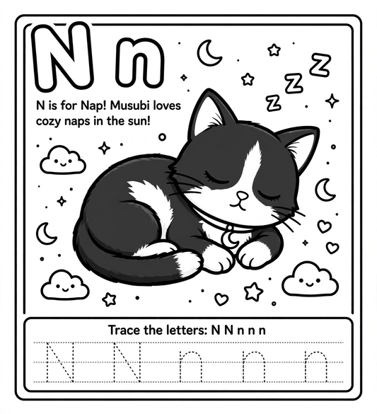 🌈 LETTER N Coloring Page – DreamLand Squad Printable (“N is for Nap”)