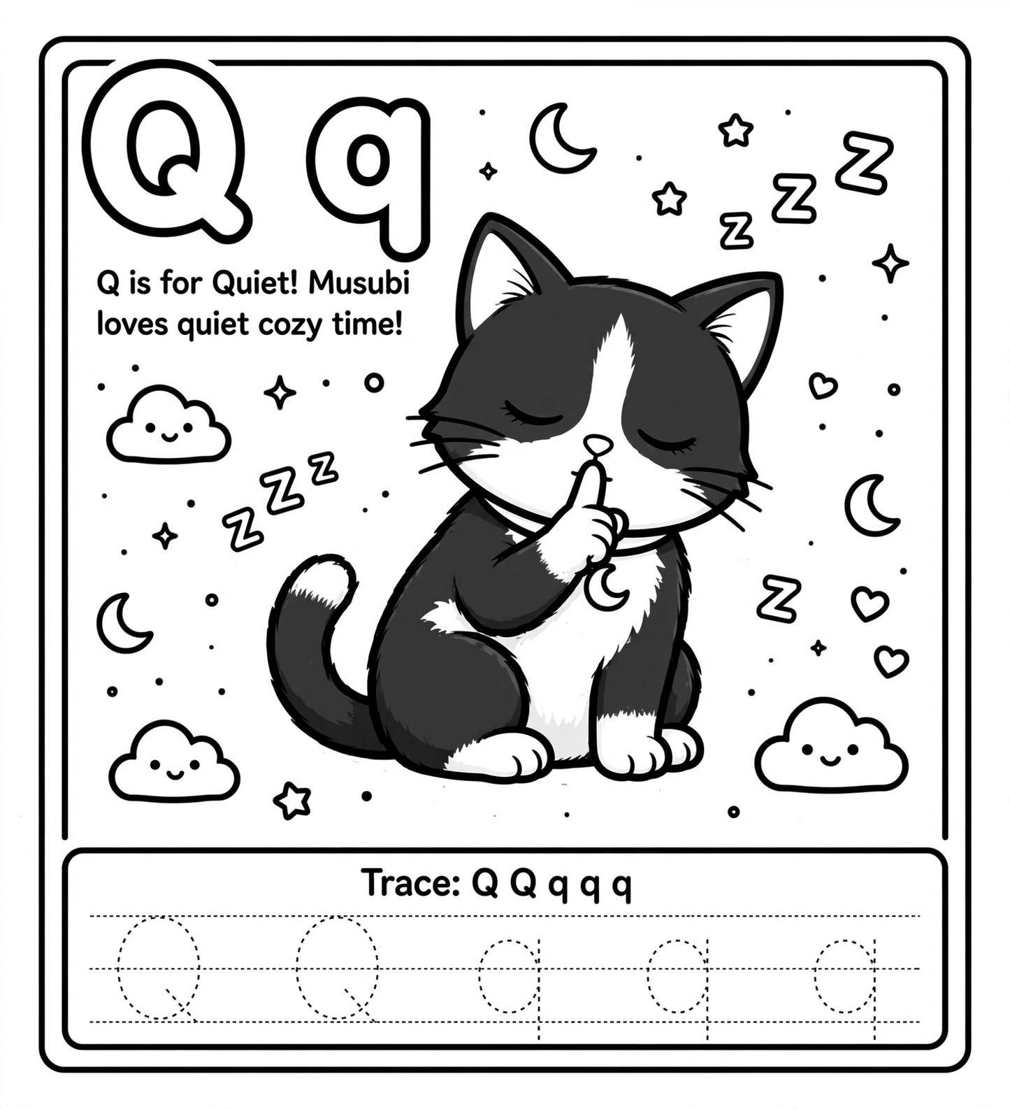 🌈✨ Letter Q Coloring Page ✨🐾 (“Q is for Quiet” 🌙💤)
