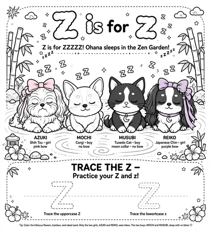 🌈✨ Letter Z Coloring Page ✨🐾 (“Z is for ZZZZZZZZZ in the Zen Garden” 😴🌿)
